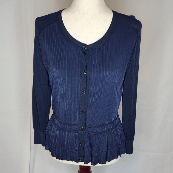 Oscar de la Renta Sweaters - Oscar de la Renta Navy Button Front Ruffle Hem Cardigan Size: L